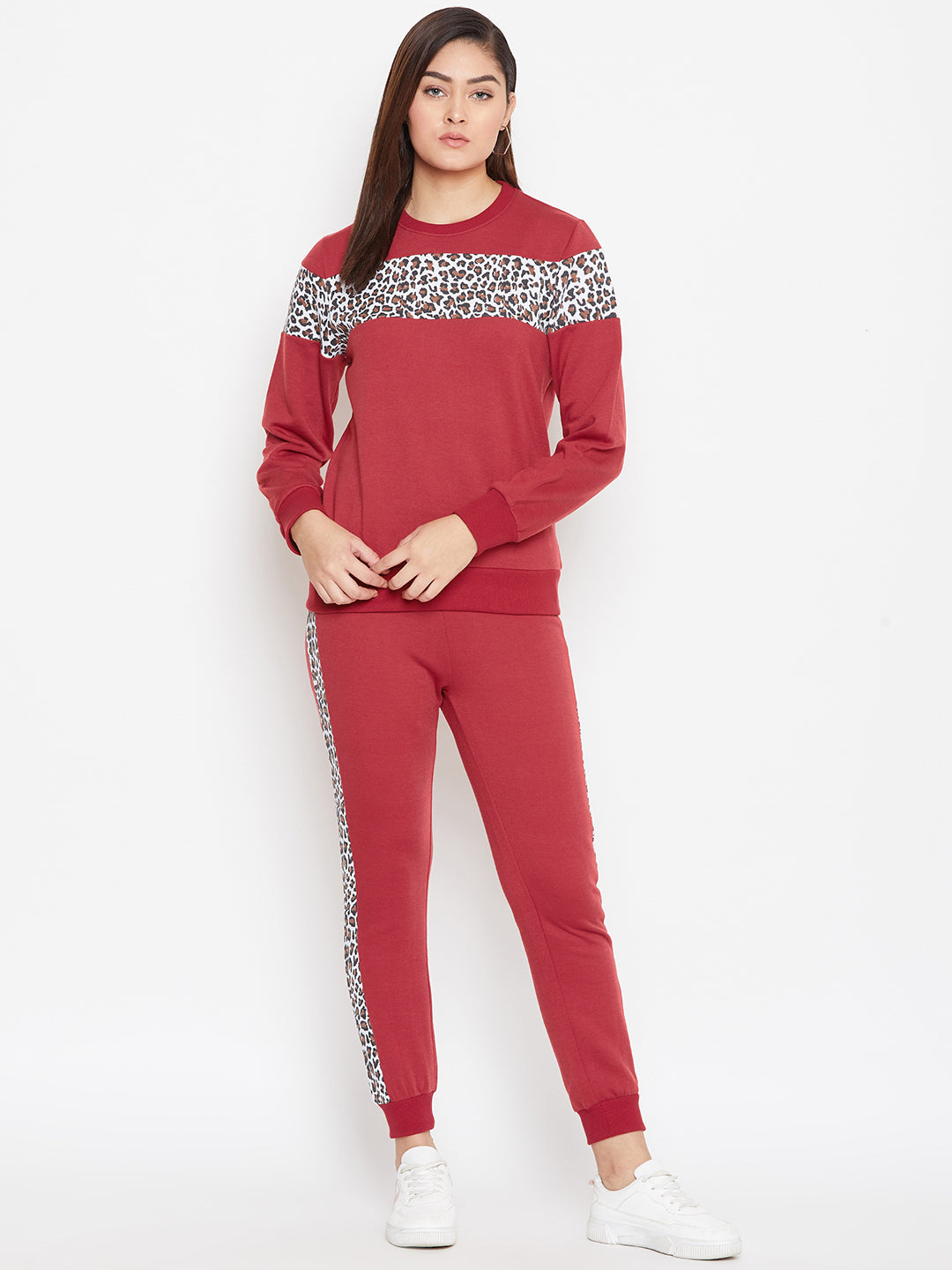 Austin Wood Women'sRed Full Sleeves Colorblocked Round Neck Tracksuit