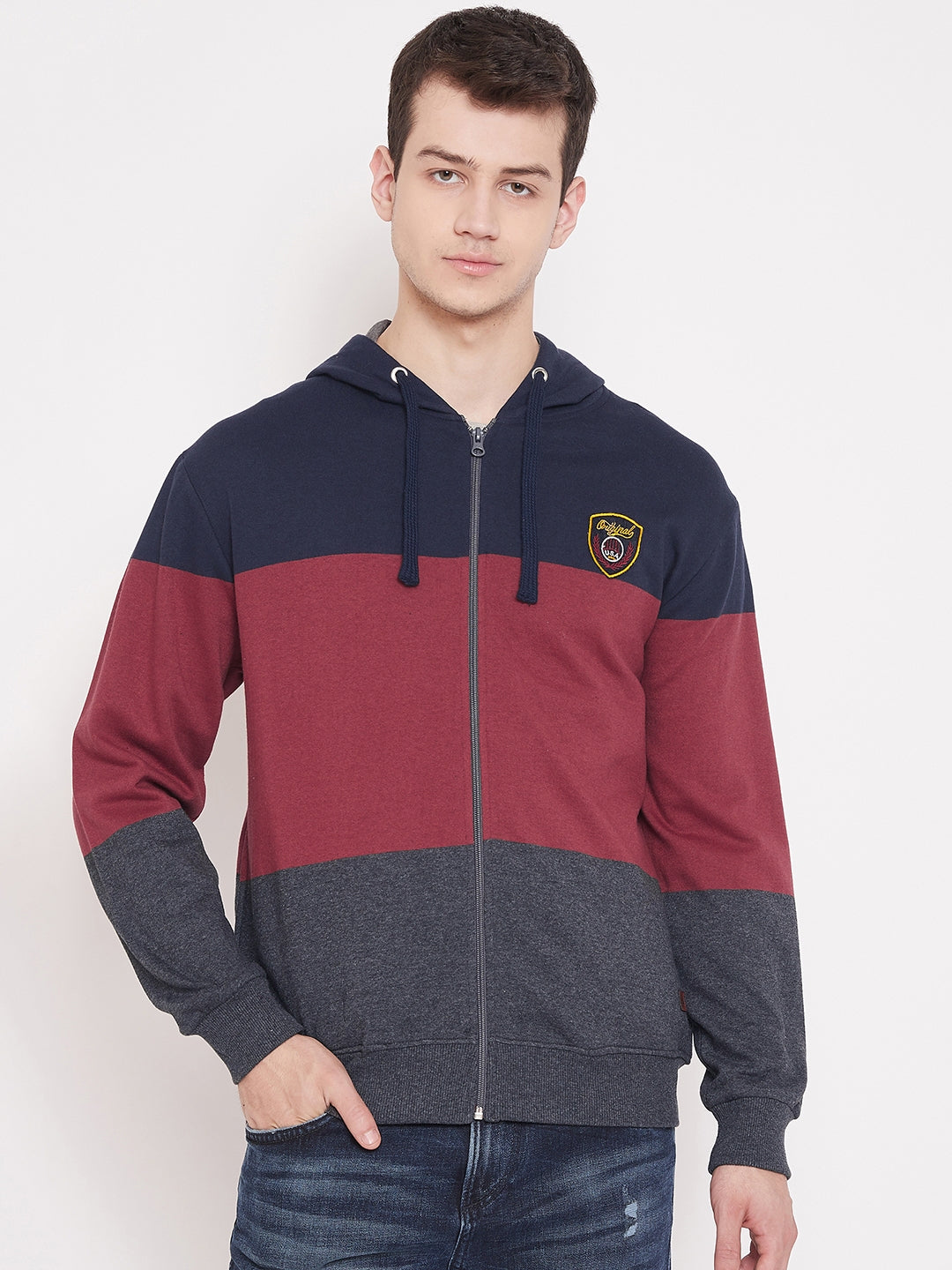 Austin Wood Men's Multi Full Sleeves Hooded Colorblocked Sweatshirt