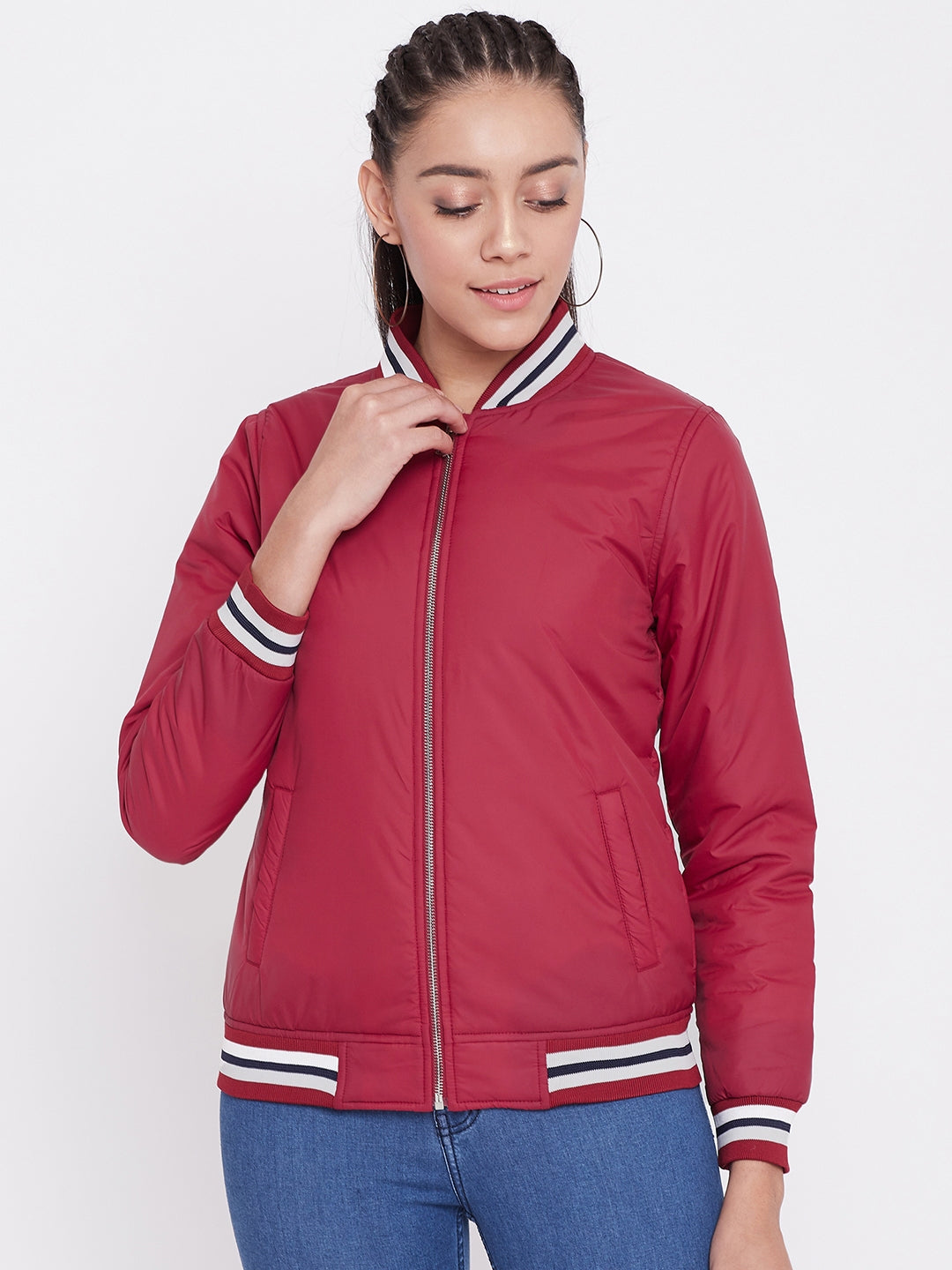 Austin Wood Women's Red Solid Bomber Neck Zipper Jacket