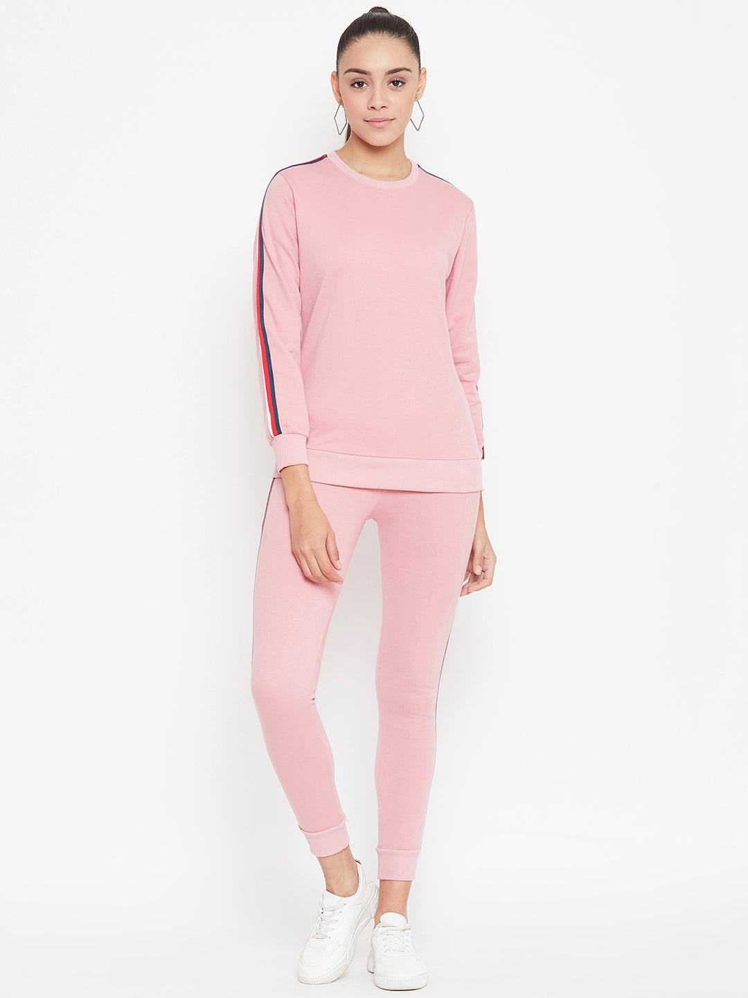 Austin Wood Women'sPink Full Sleeves Solid Round Neck Tracksuit