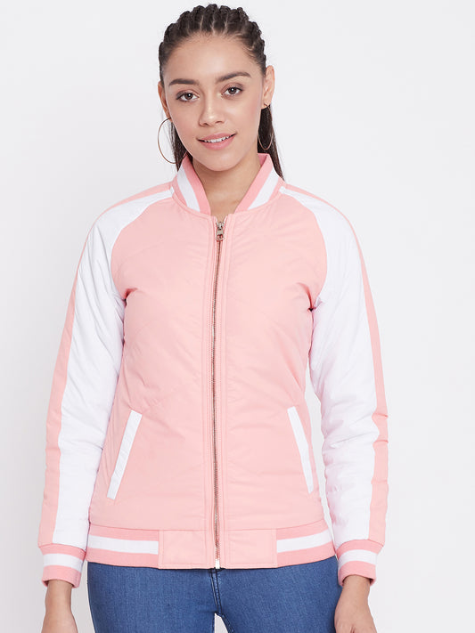 Austin Wood Women's Peach Colorblocked Bomber Neck Zipper Jacket