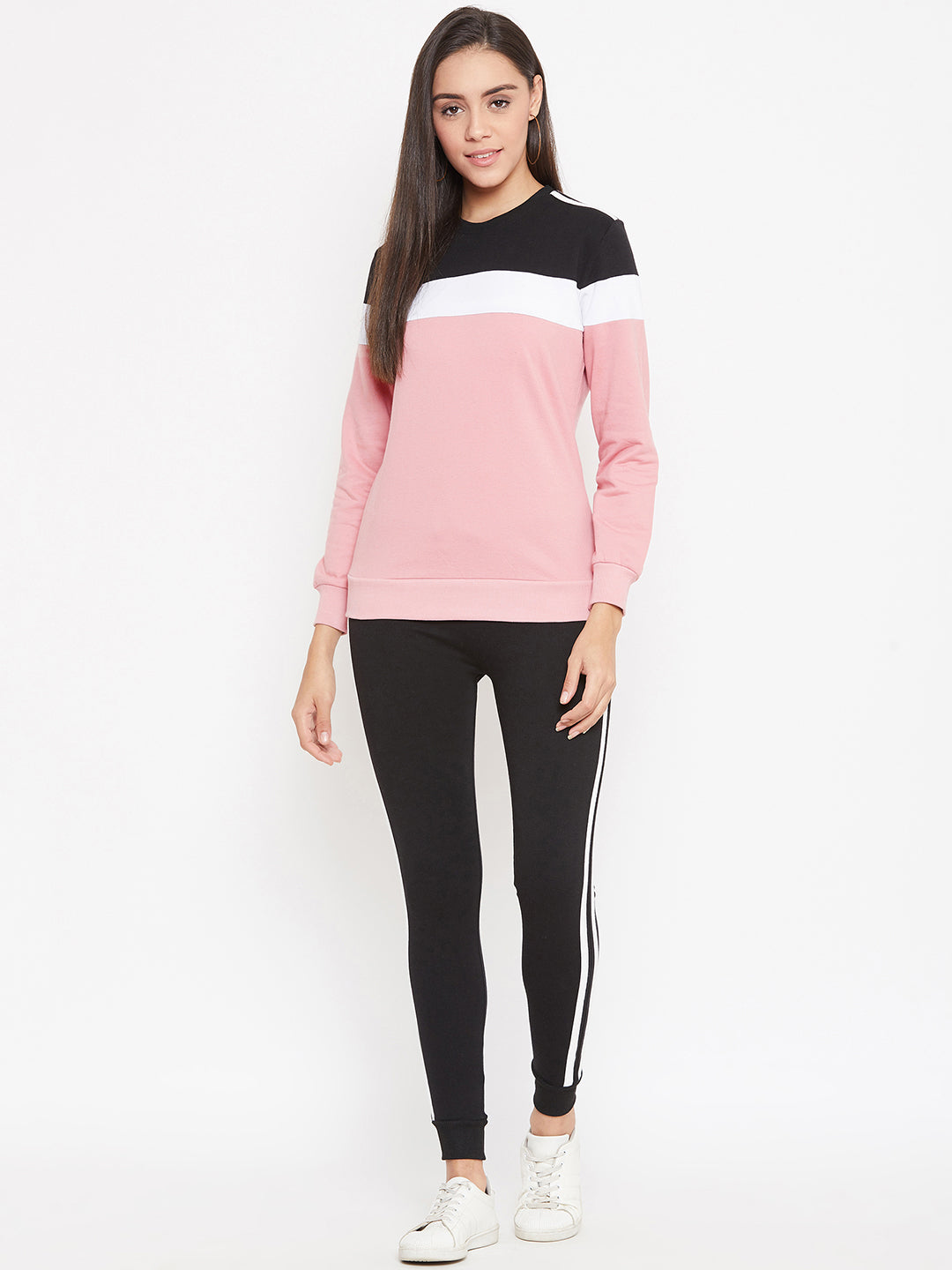 Austin Wood Women'sPink Full Sleeves Colorblocked Round Neck Tracksuit