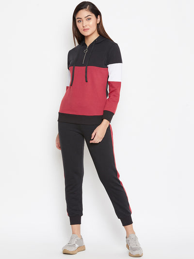 Austin Wood Women'sRed Full Sleeves Colorblocked Hooded Tracksuit