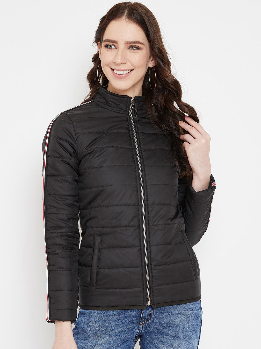 Austin Wood Women's Black Solid Full Sleeves High Neck Padded Jacket With Size Tape