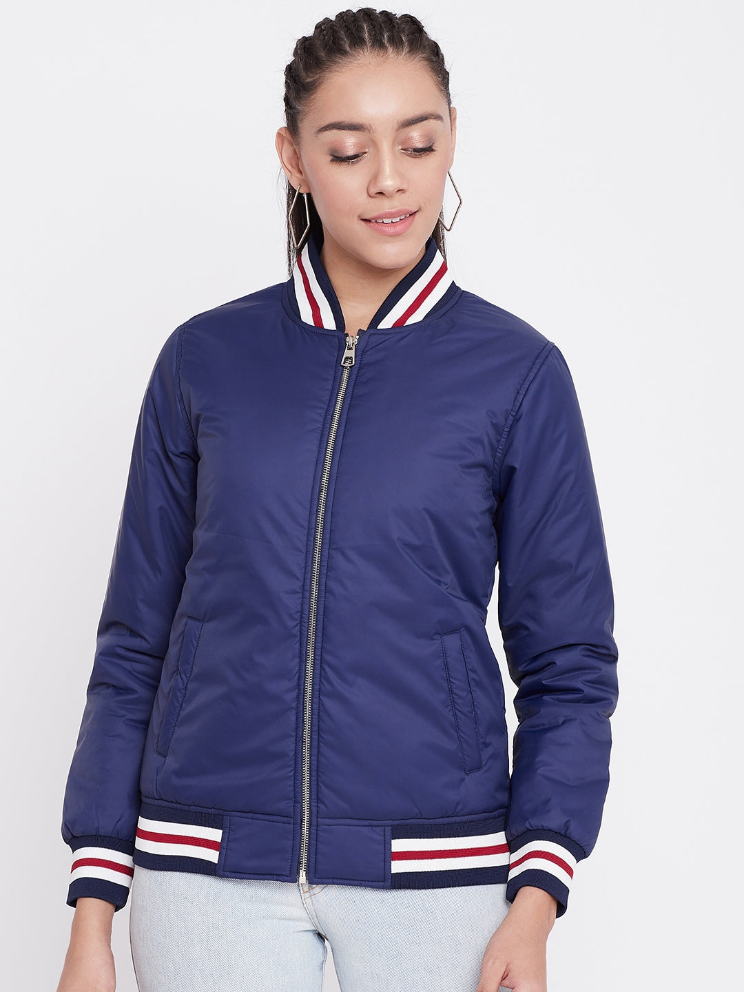 Austin Wood Women's Navy Blue Solid Bomber Neck Zipper Jacket