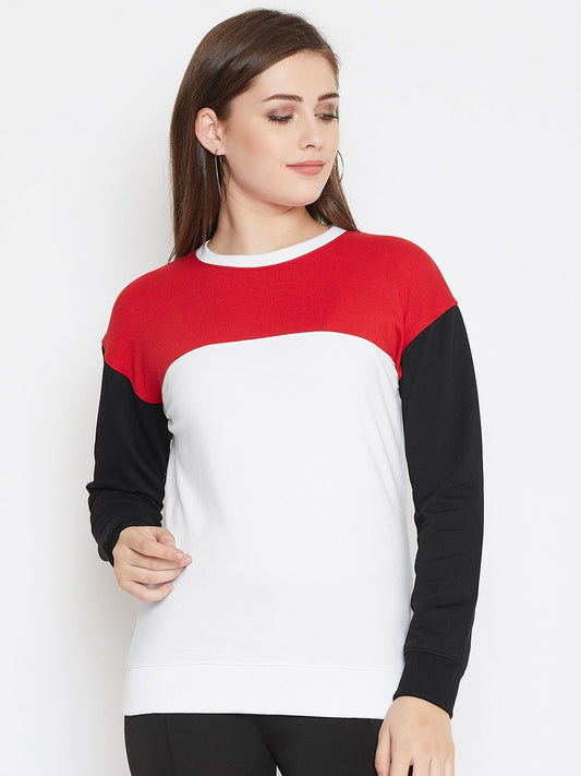 Women's White Colorblocked Long Sleeves Round Neck Sweatshirt