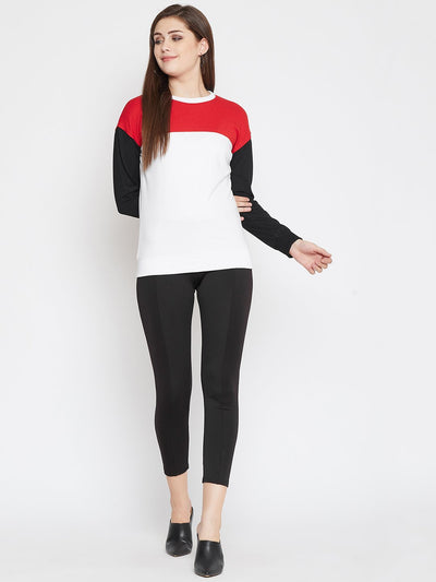 Women's White Colorblocked Long Sleeves Round Neck Sweatshirt