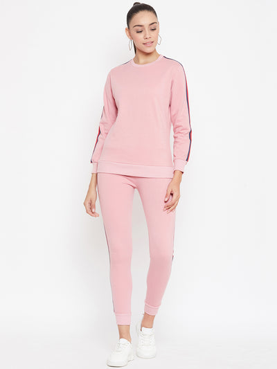 Austin Wood Women'sPink Full Sleeves Solid Round Neck Tracksuit
