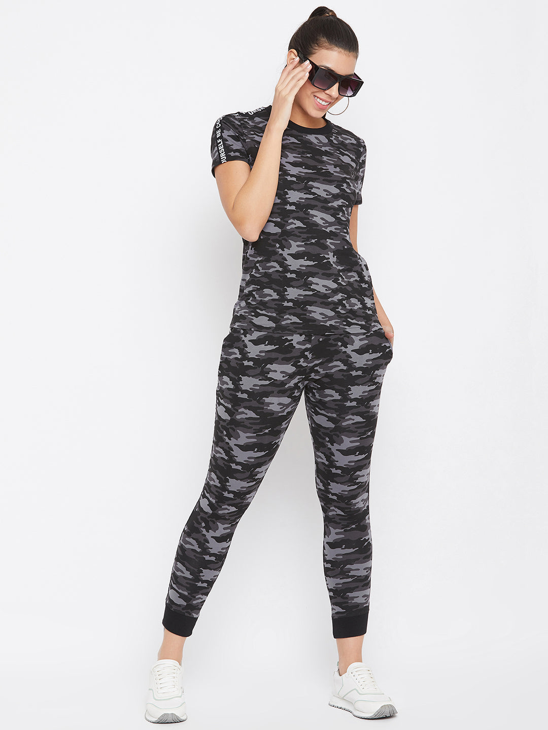 Austin Wood Women's Black Camo Half Sleeves Round Neck Tracksuit