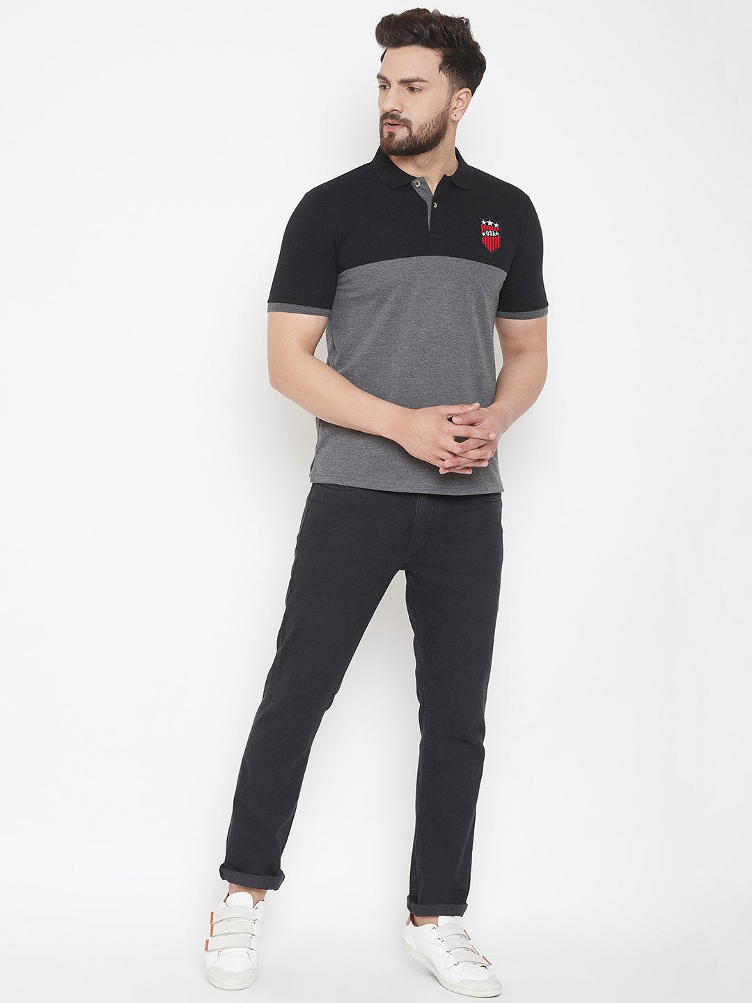 Grey Self Design Polo T-shirt