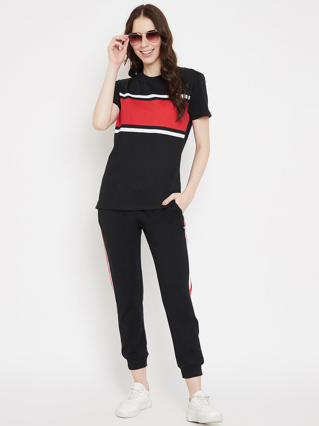 Austin Wood Women's Black Colorblocked Half Sleeves Round Neck Tracksuit