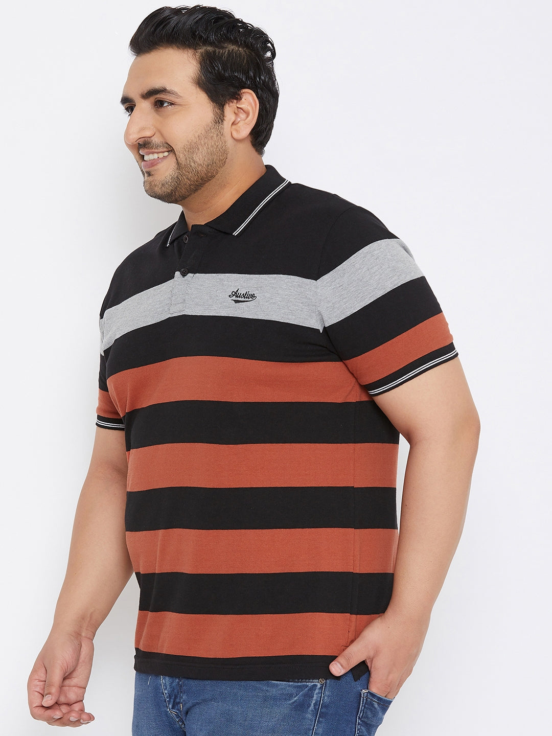 Austivo Men's Half Sleeves Polo Neck Striper T-shirt