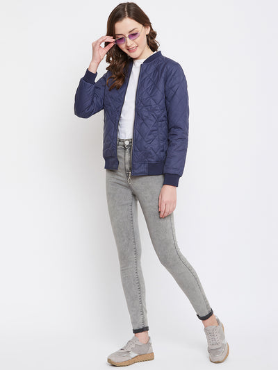 Austin Wood Women's Navy Blue Solid Full Sleeves Bomber Neck Padded Jacket With Size Tape