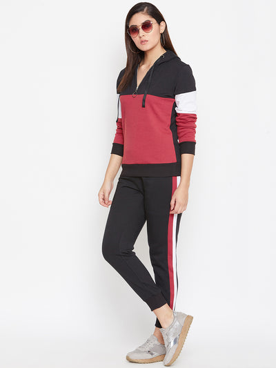 Austin Wood Women'sRed Full Sleeves Colorblocked Hooded Tracksuit