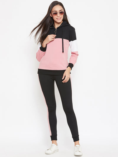 Austin Wood Women'sPink Full Sleeves Colorblocked Hooded Tracksuit