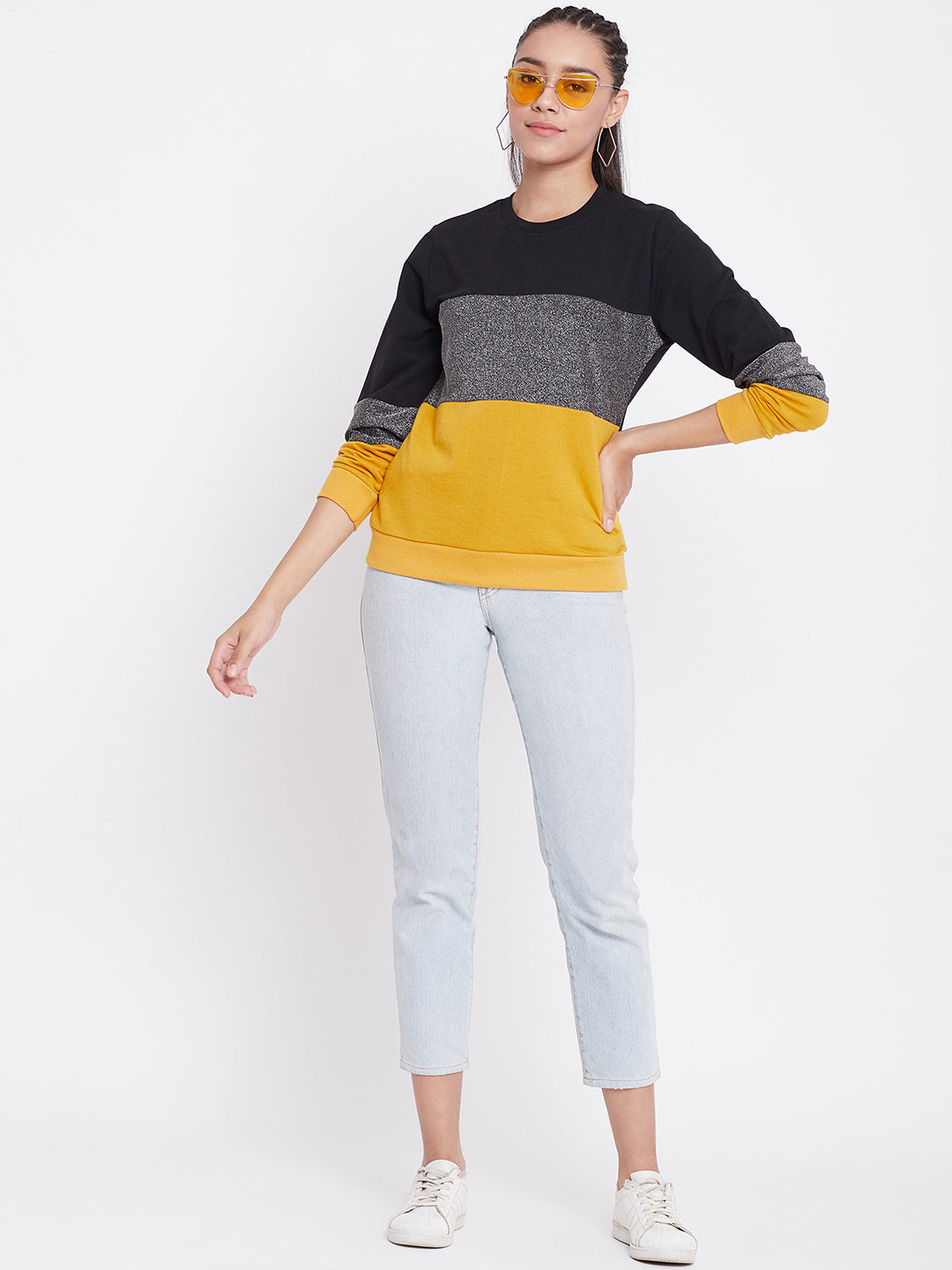 Austin Wood Women's Mustard Full Sleeves Round Neck Colorblocked Sweatshirt