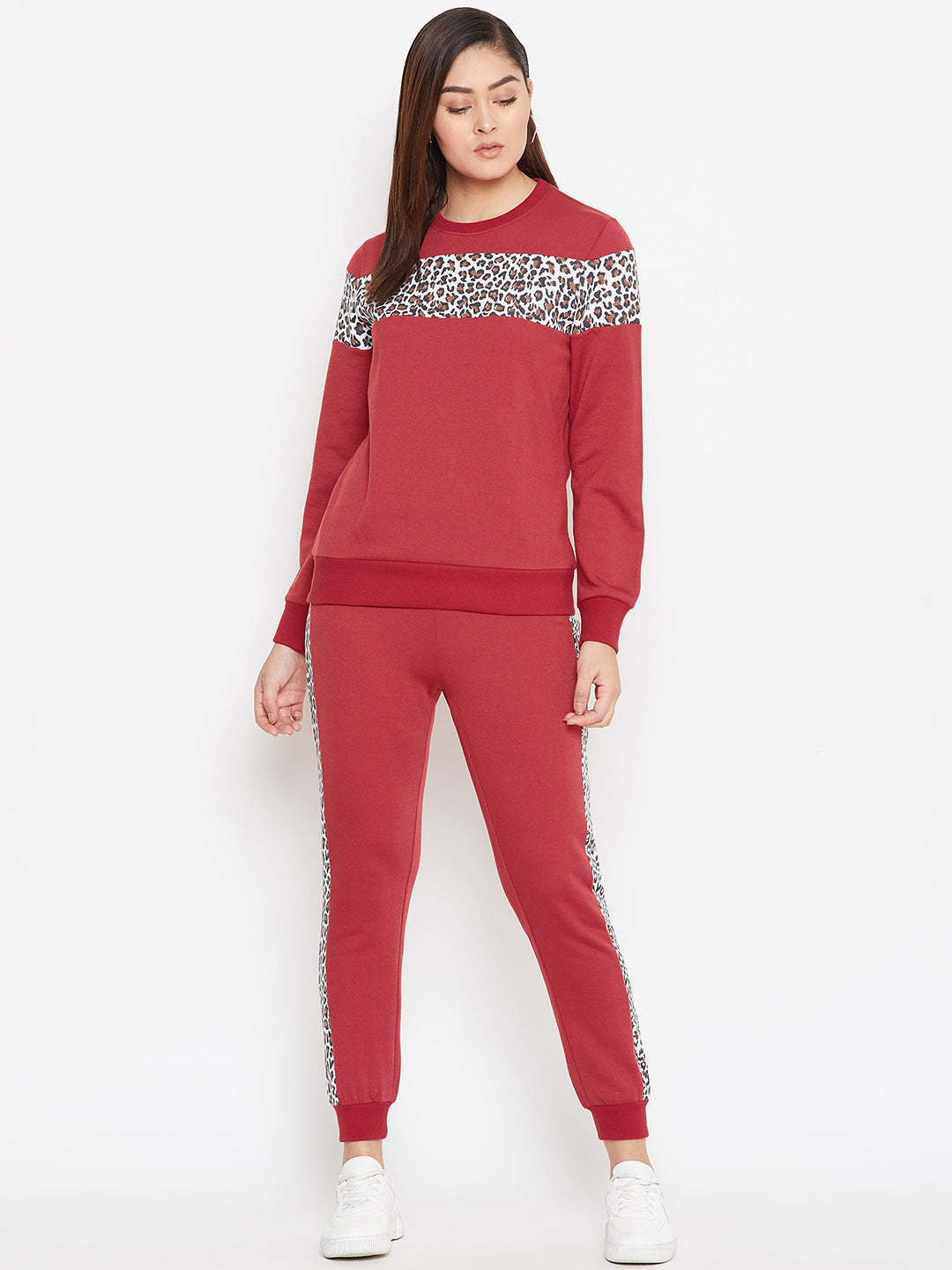 Austin Wood Women'sRed Full Sleeves Colorblocked Round Neck Tracksuit