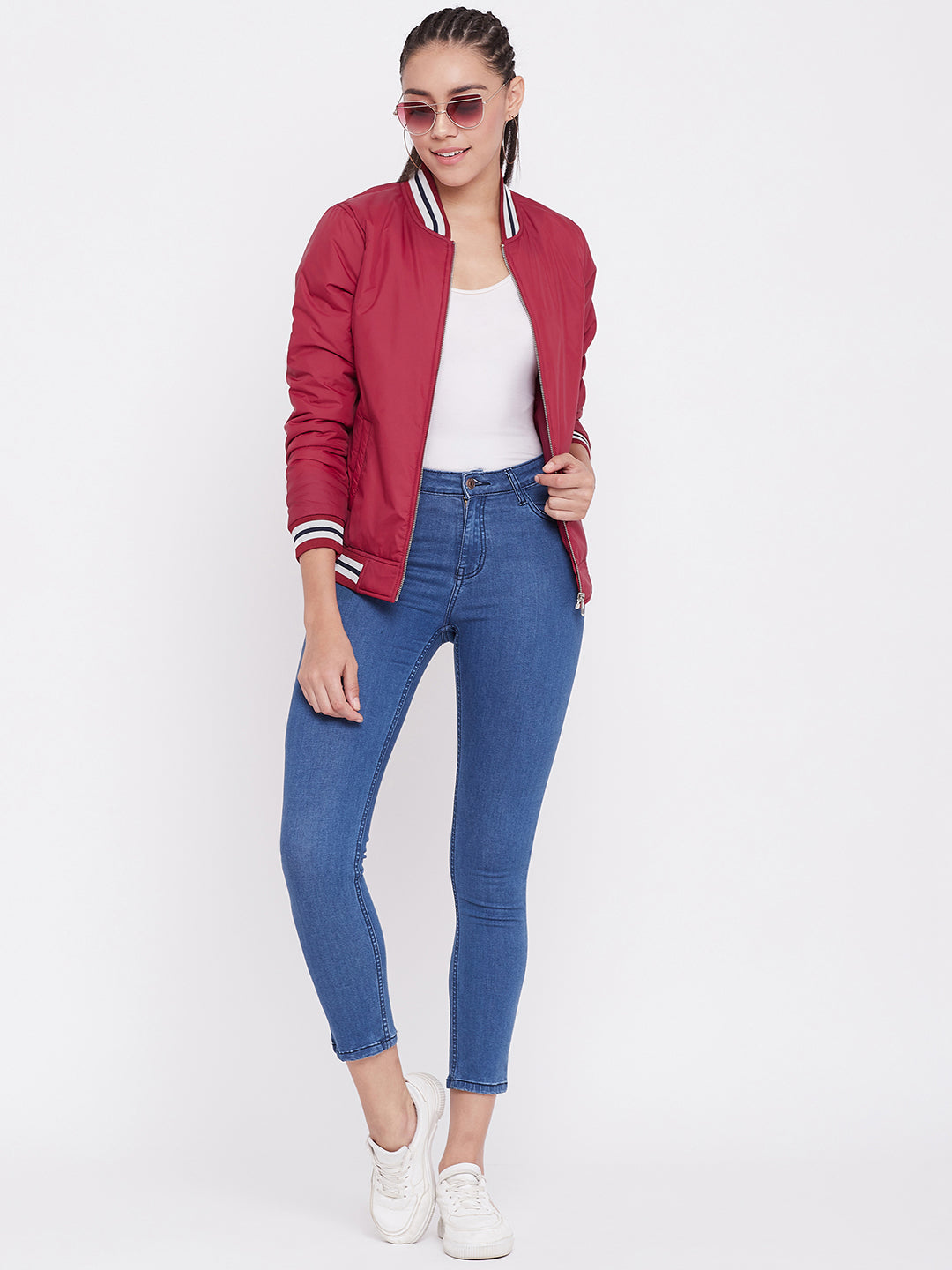 Austin Wood Women's Red Solid Bomber Neck Zipper Jacket