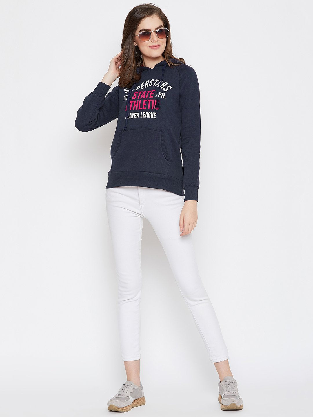 Women's Navy Blue Printed Long Sleeves Hooded Sweatshirt