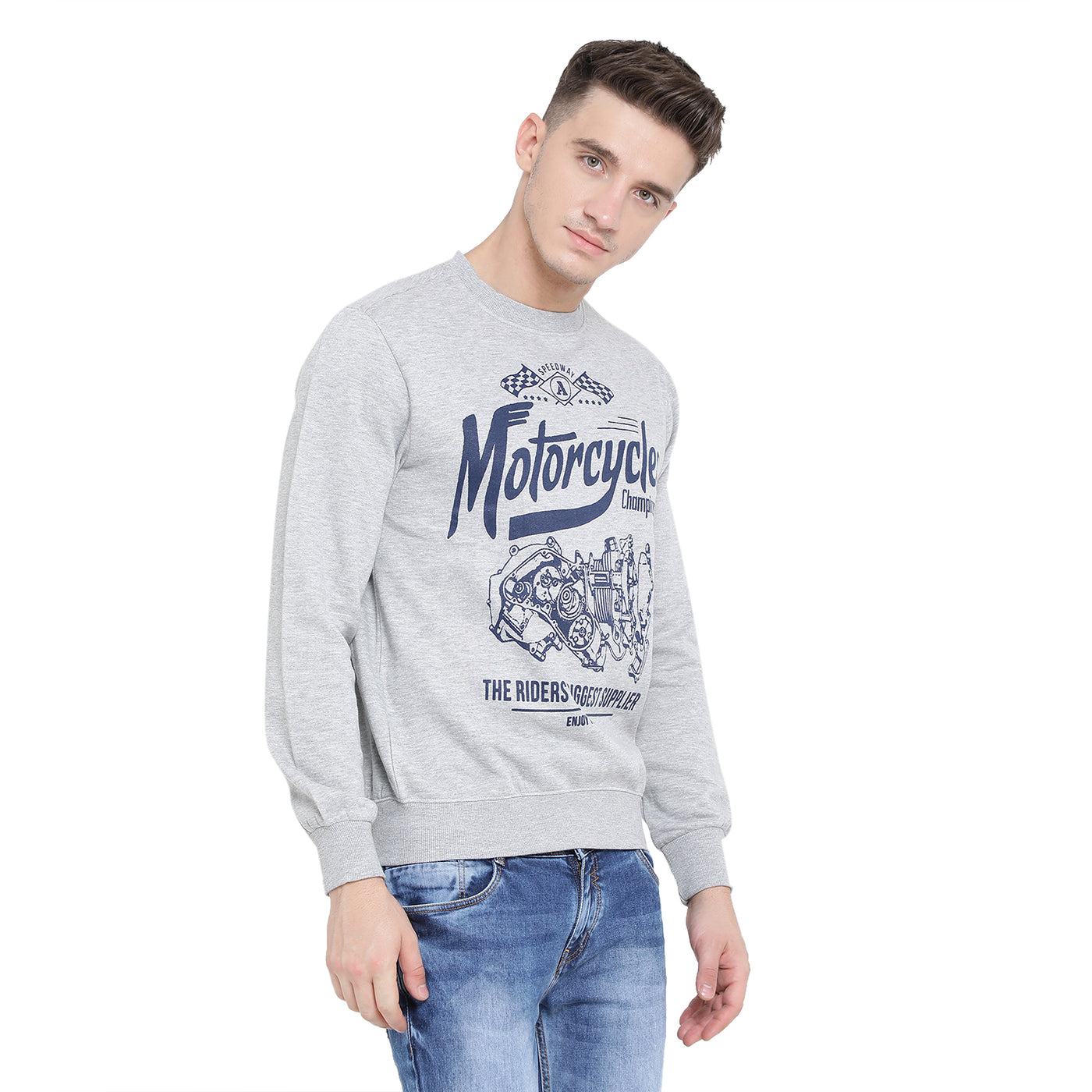 Men's Grey Printed Round Neck Sweatshirt
