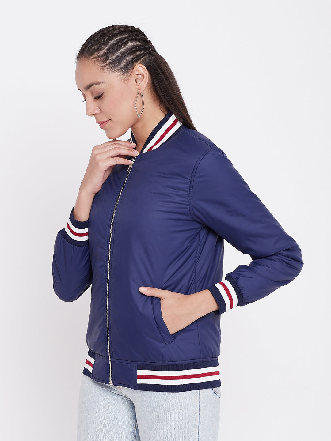 Austin Wood Women's Navy Blue Solid Bomber Neck Zipper Jacket