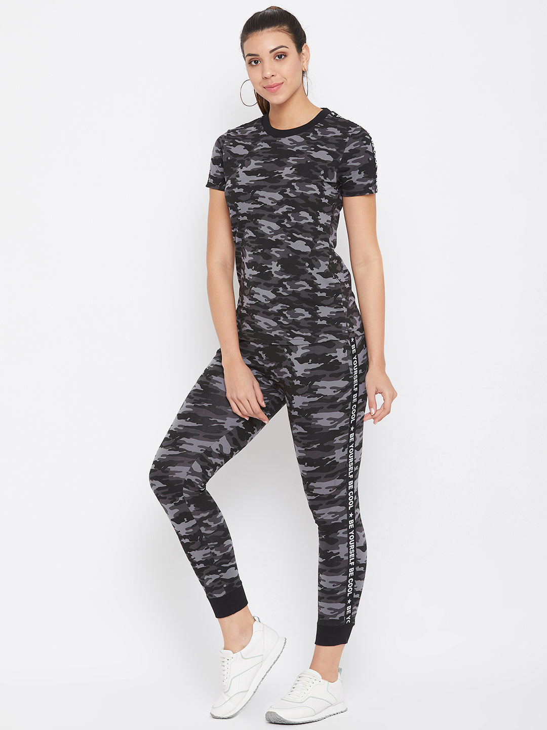 Austin Wood Women's Black Camo Half Sleeves Round Neck Tracksuit