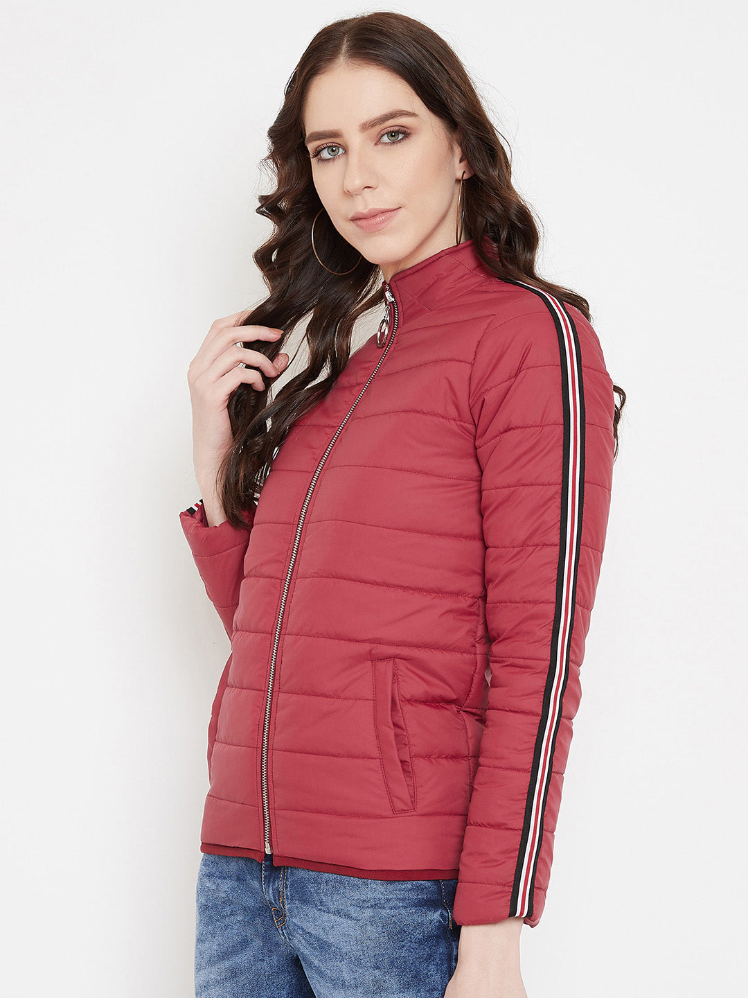 Austin Wood Women's Red Solid Full Sleeves High Neck Padded Jacket With Size Tape