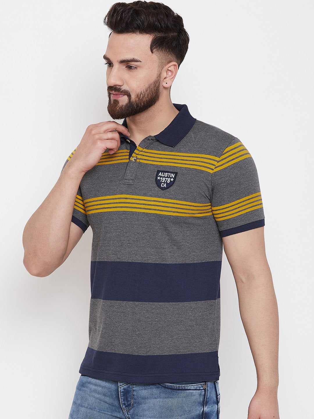 Austin Wood Grey Stripers Polo T-shirt