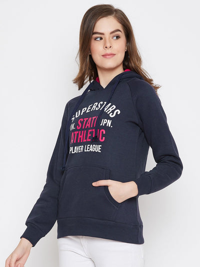 Women's Navy Blue Printed Long Sleeves Hooded Sweatshirt