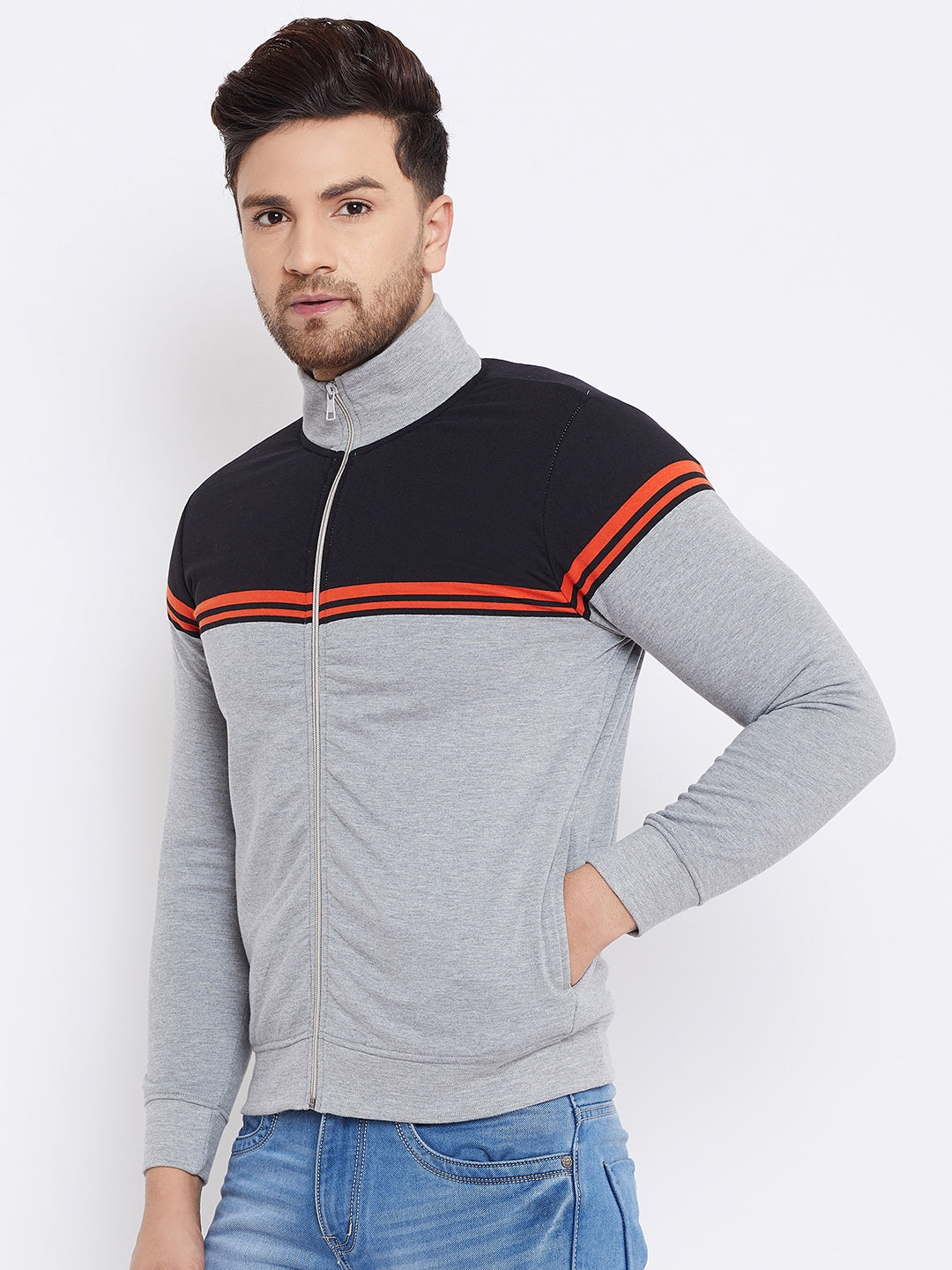 Austin Wood Men's Grey Full Sleeves Colorblocked High Neck Sweatshirt