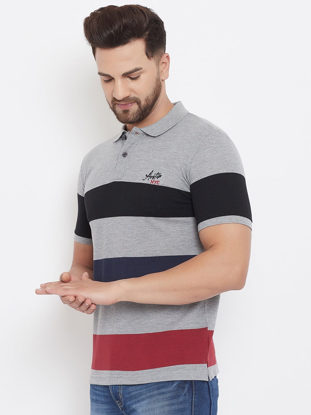 Austin Wood Men's Half Sleeves Polo Neck Colorblocked T-shirt