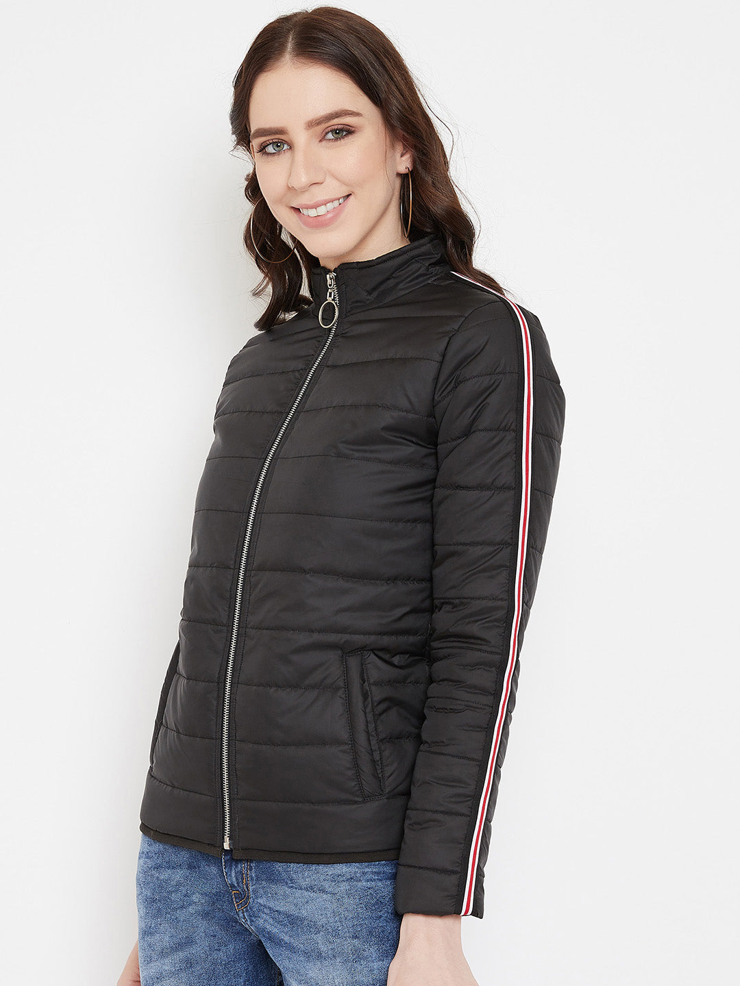 Austin Wood Women's Black Solid Full Sleeves High Neck Padded Jacket With Size Tape