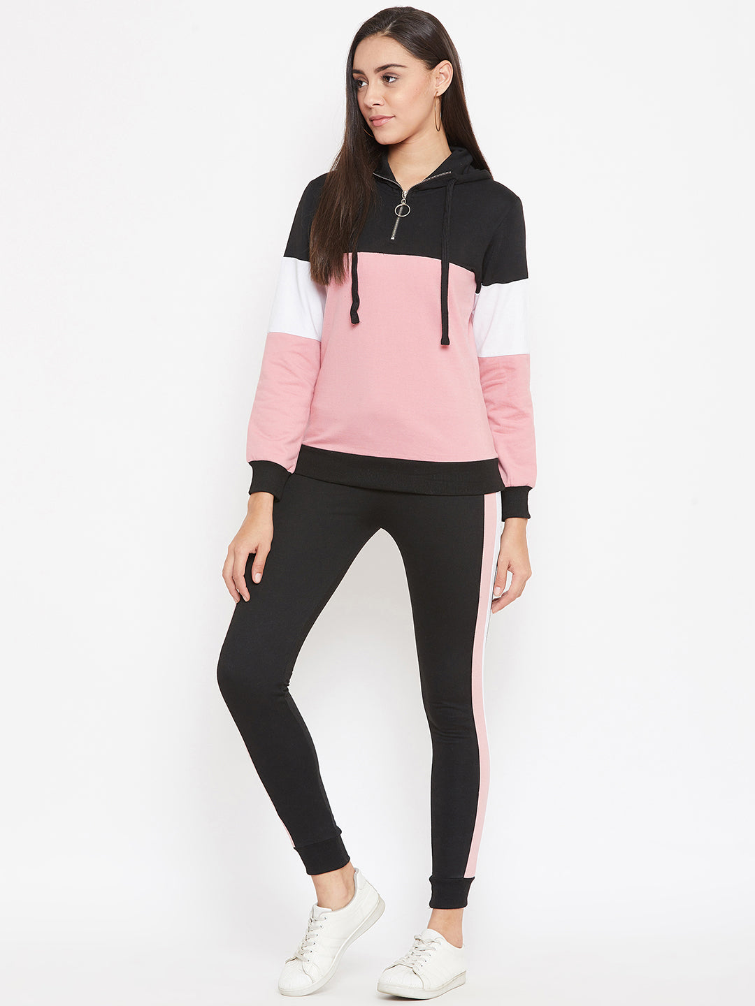 Austin Wood Women'sPink Full Sleeves Colorblocked Hooded Tracksuit