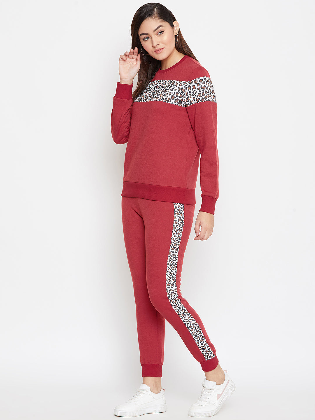 Austin Wood Women'sRed Full Sleeves Colorblocked Round Neck Tracksuit