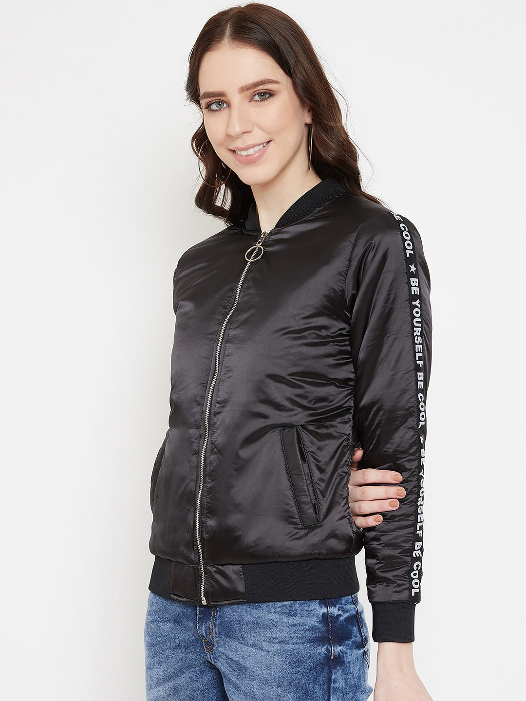 Austin Wood Women's Black Solid Full Sleeves Bomber Neck Jacket With Size Tape