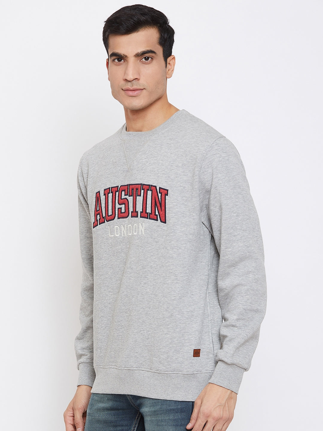 Austin Wood Men's Grey Full Sleeves Solid Round Neck Sweatshirt