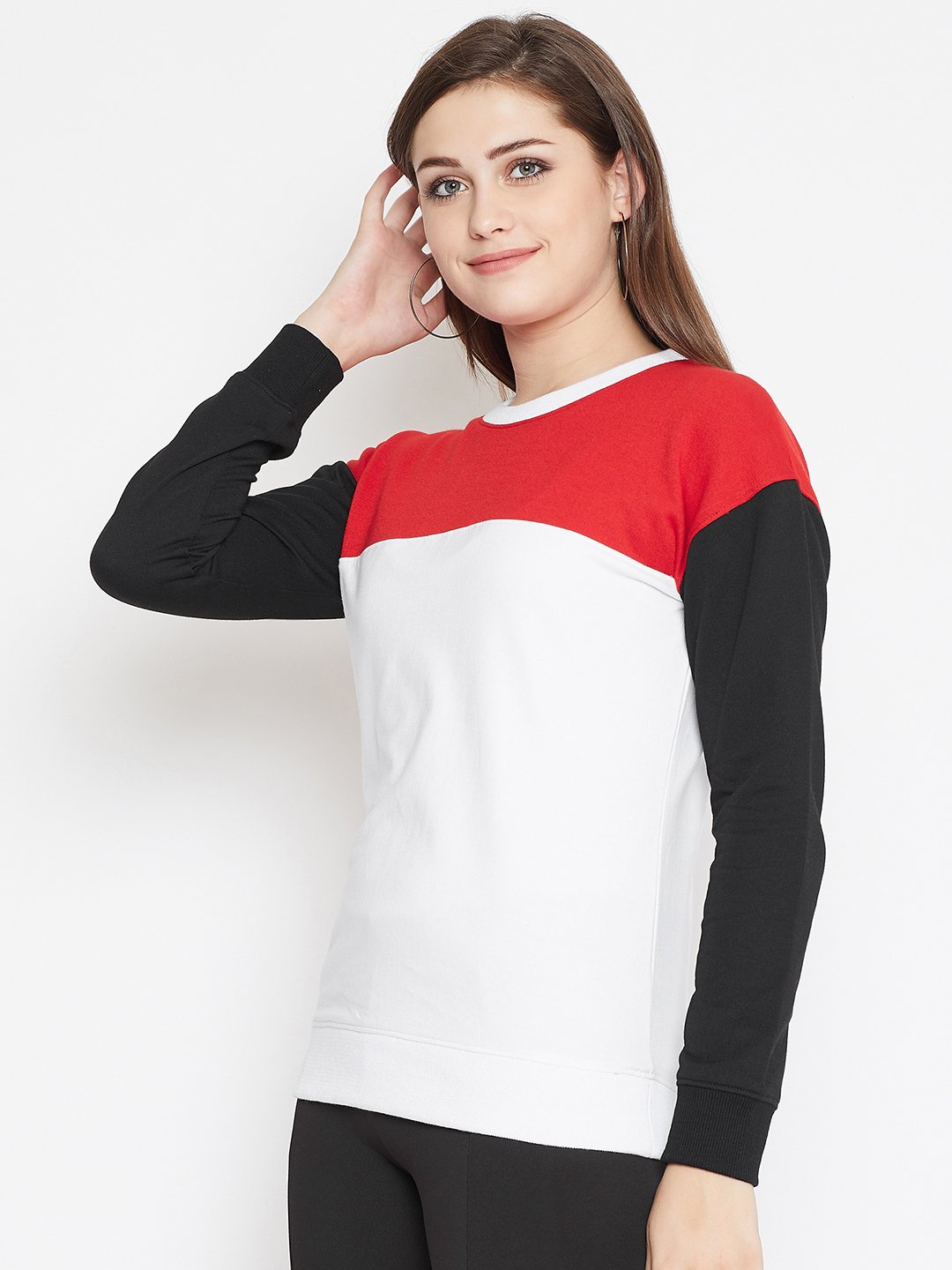 Women's White Colorblocked Long Sleeves Round Neck Sweatshirt