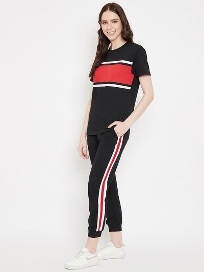 Austin Wood Women's Black Colorblocked Half Sleeves Round Neck Tracksuit