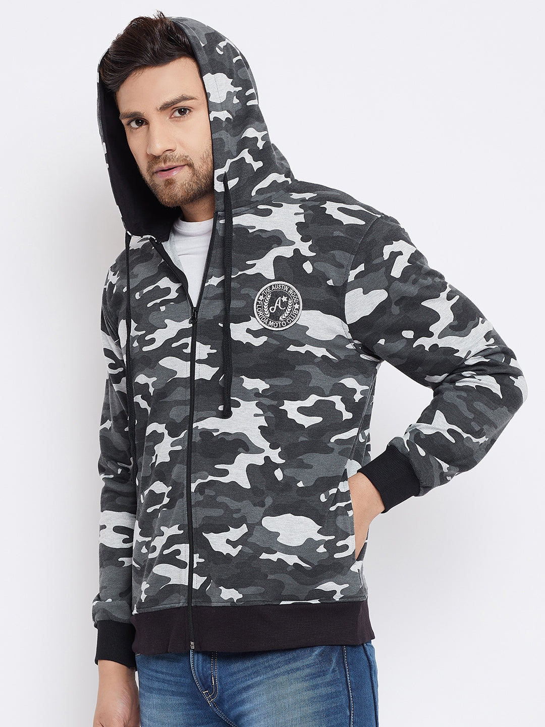 Austin Wood Men's Grey Full Sleeves Camo Print Hoodie Sweatshirt