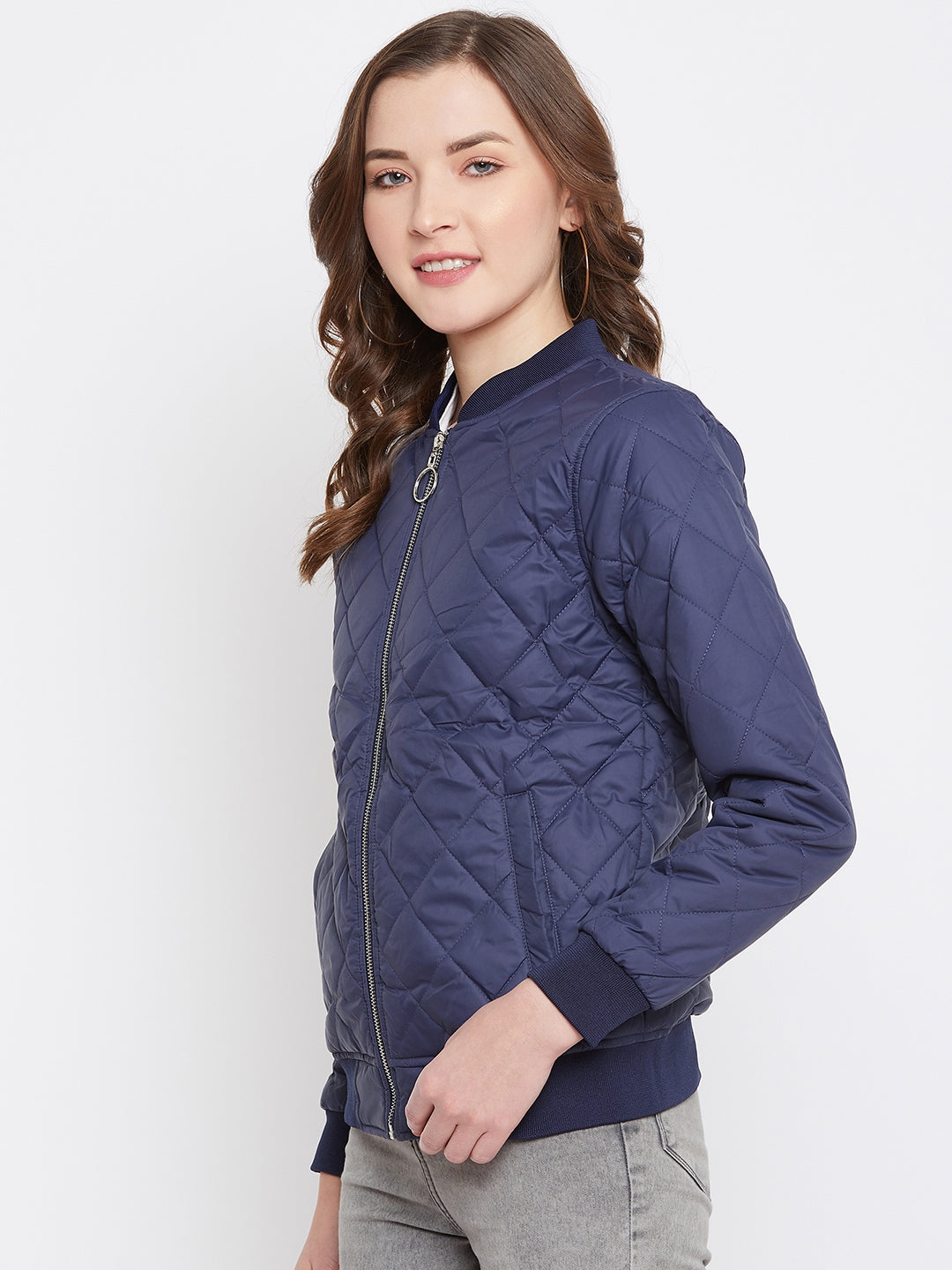 Austin Wood Women's Navy Blue Solid Full Sleeves Bomber Neck Padded Jacket With Size Tape