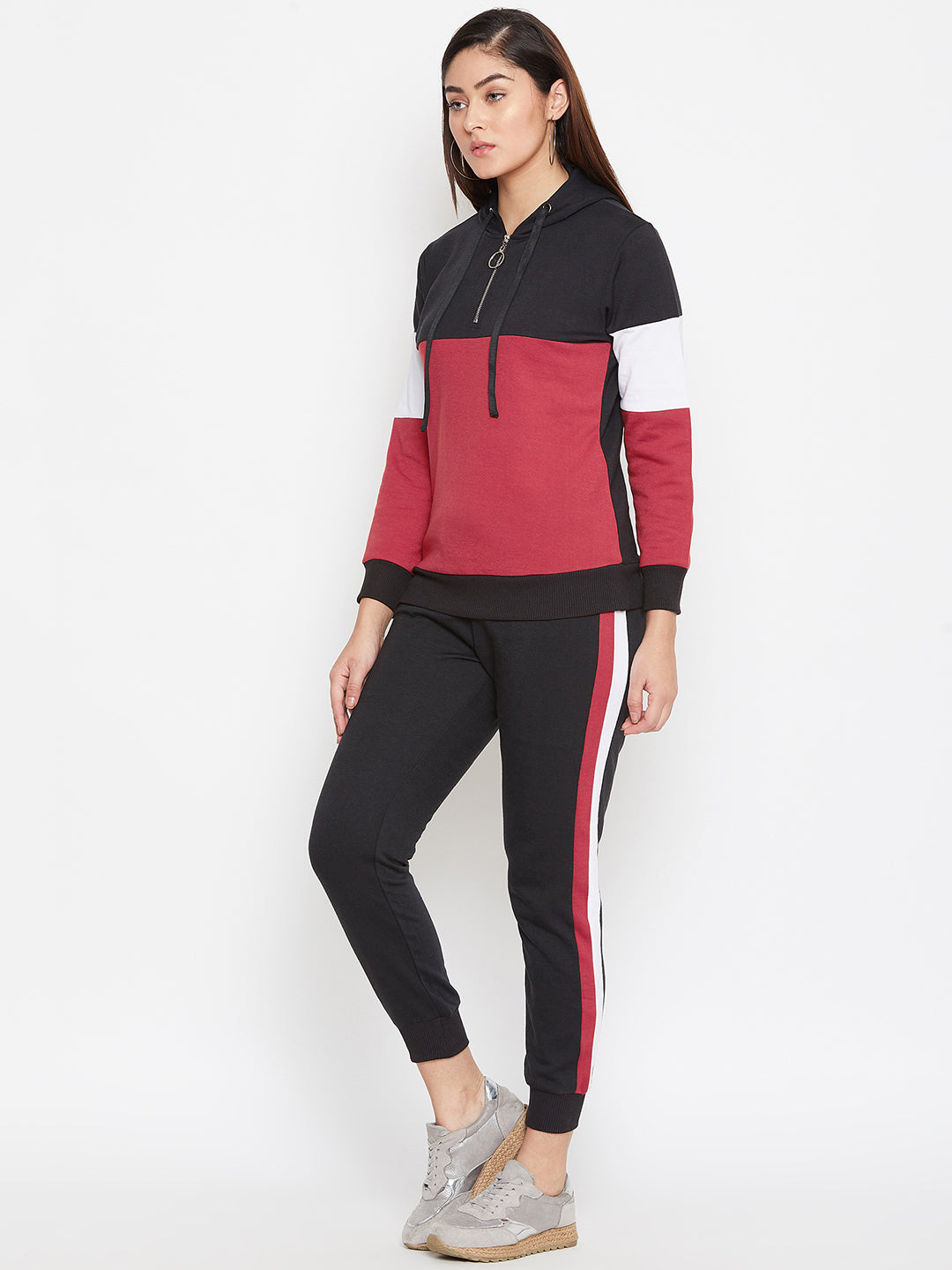 Austin Wood Women'sRed Full Sleeves Colorblocked Hooded Tracksuit