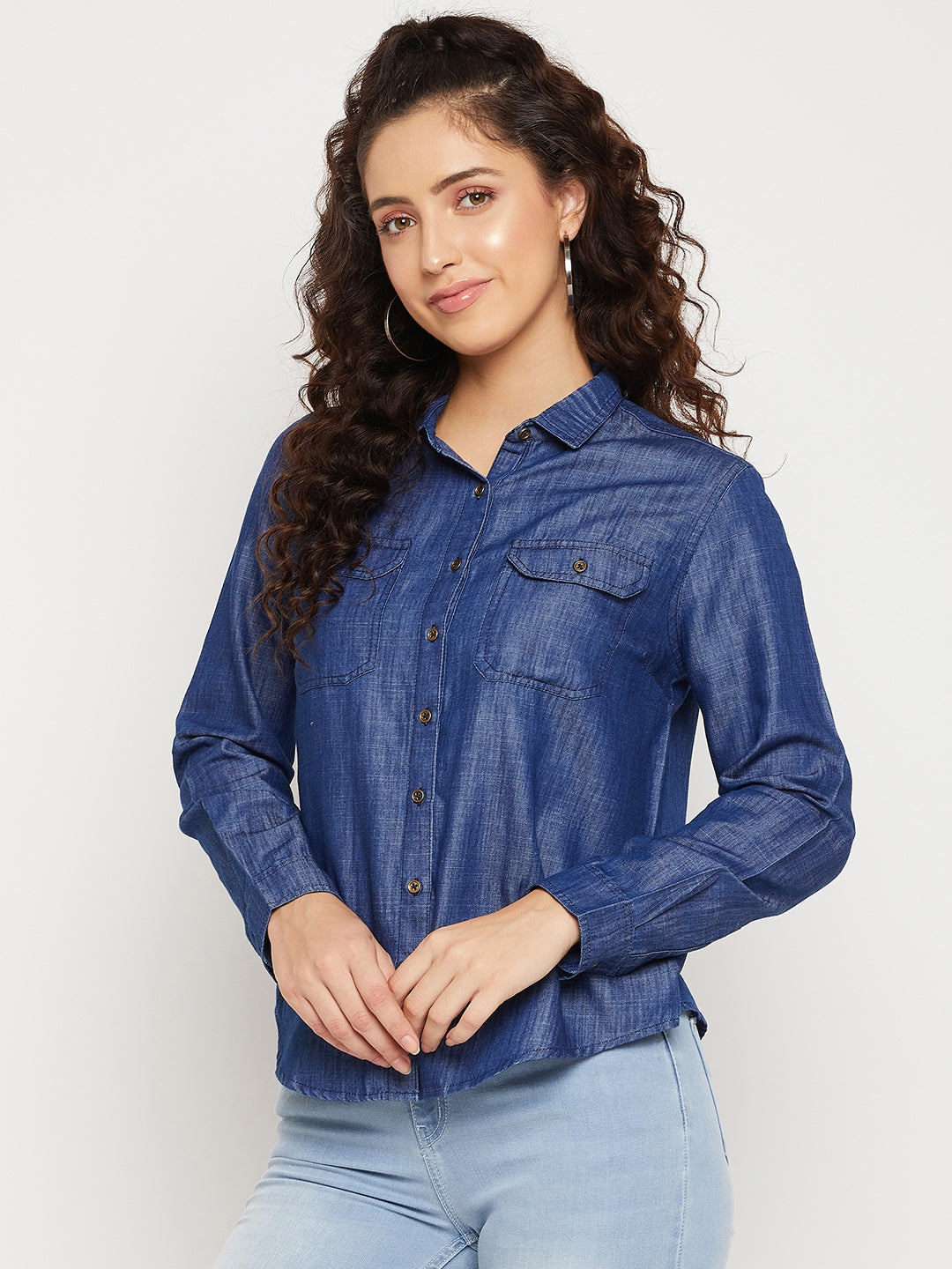 Women Regular Fit Solid Curved Collar Casual Shirt