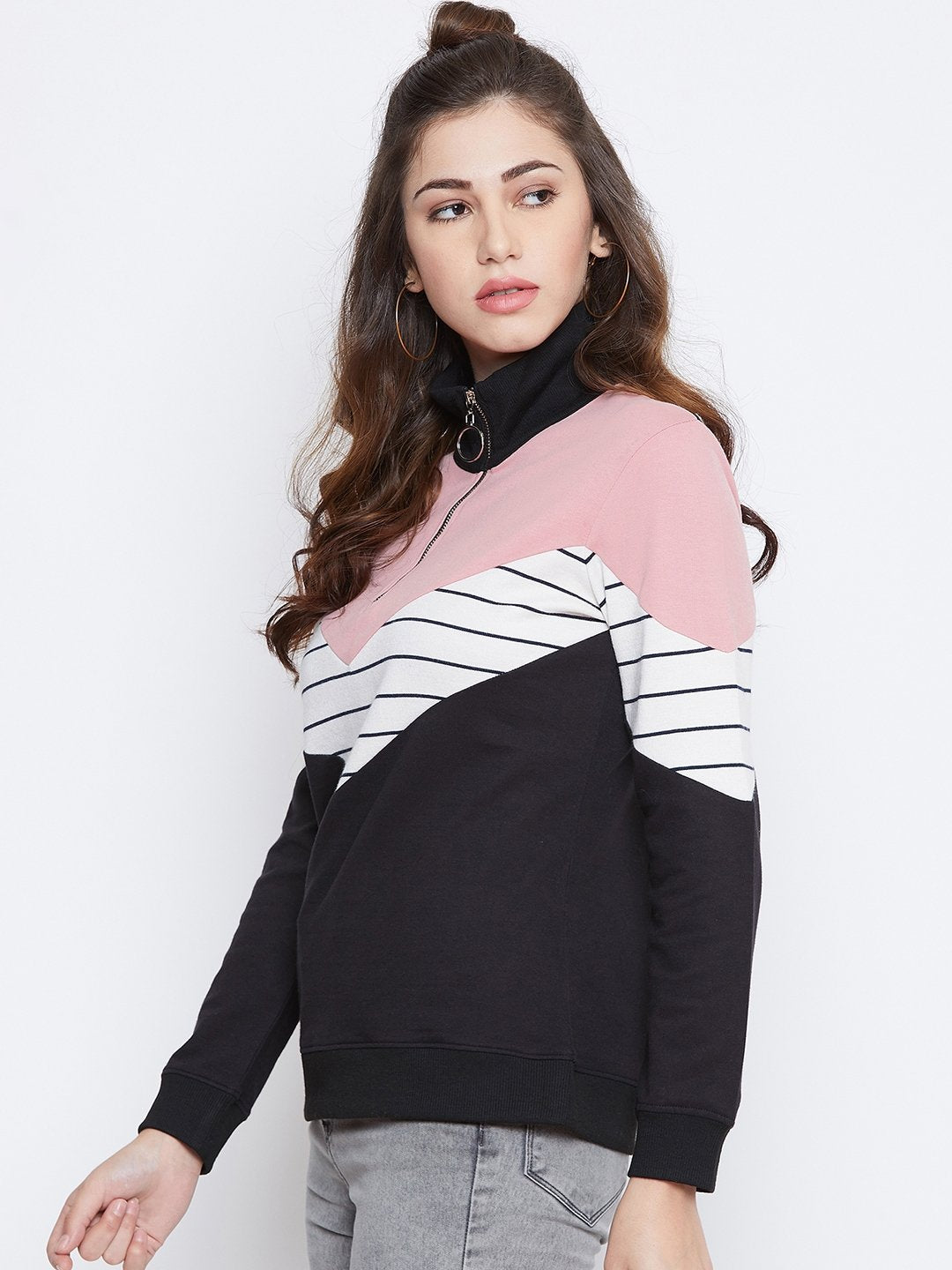 Women's Multi Colorblocked Long Sleeves High Neck Sweatshirt