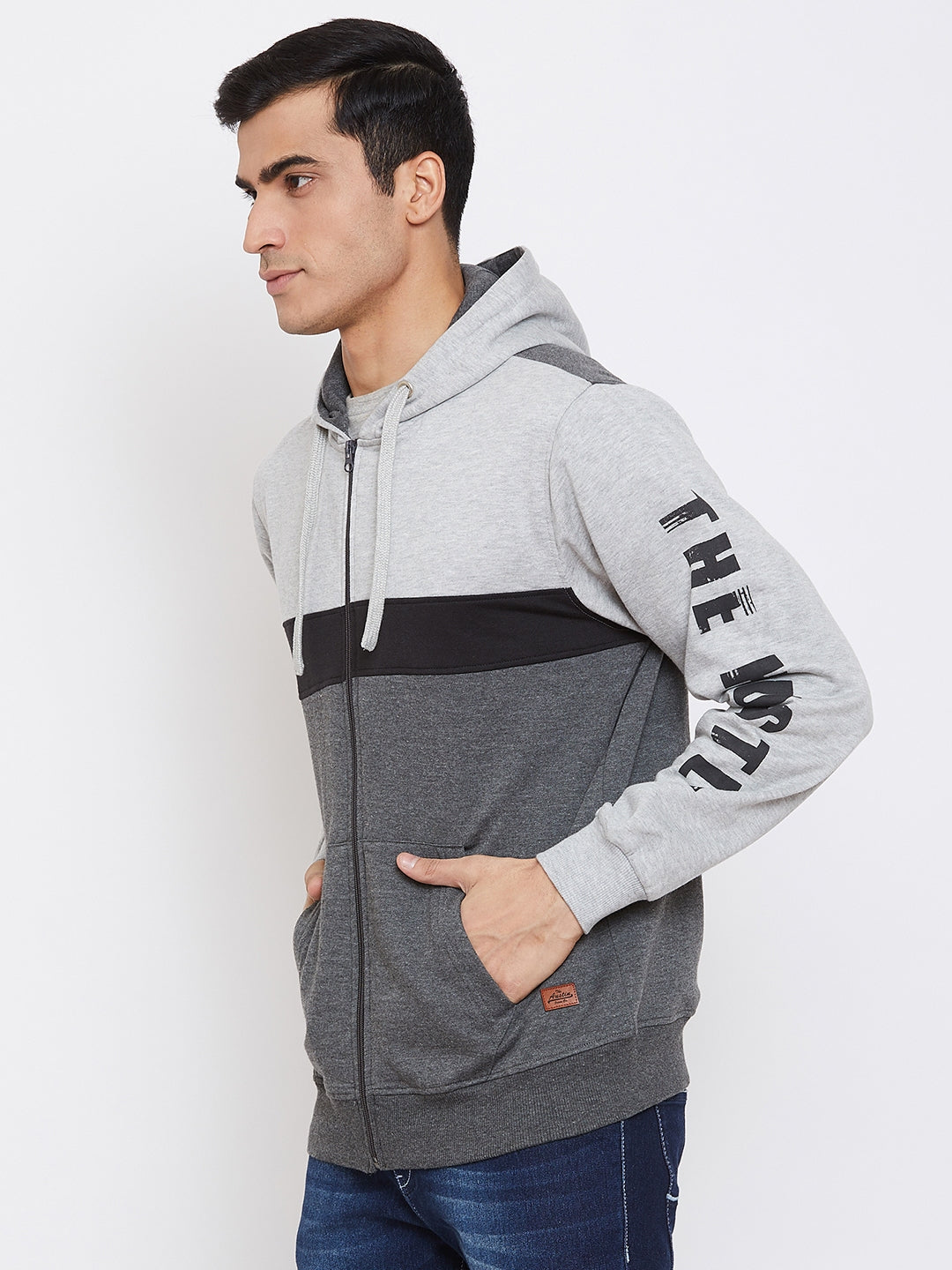 Austin Wood Men's Charcoal Full Sleeves Colorblocked Hooded Sweatshirt