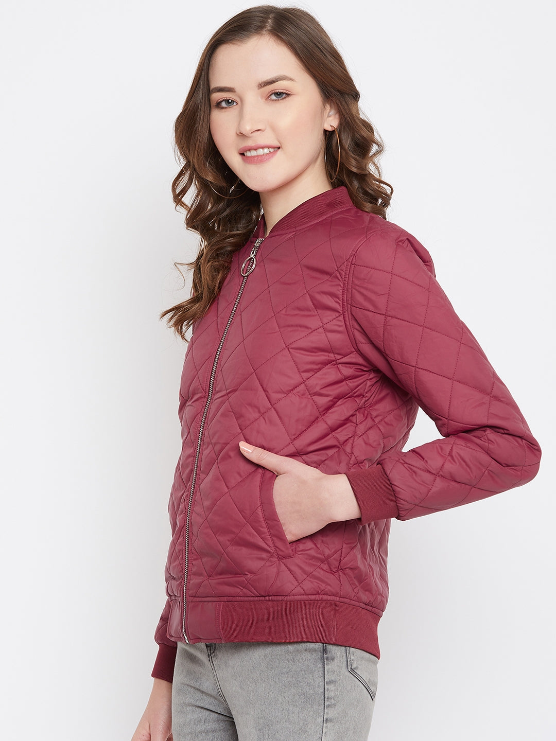 Austin Wood Women's Maroon Solid Full Sleeves Bomber Neck Padded Jacket With Size Tape