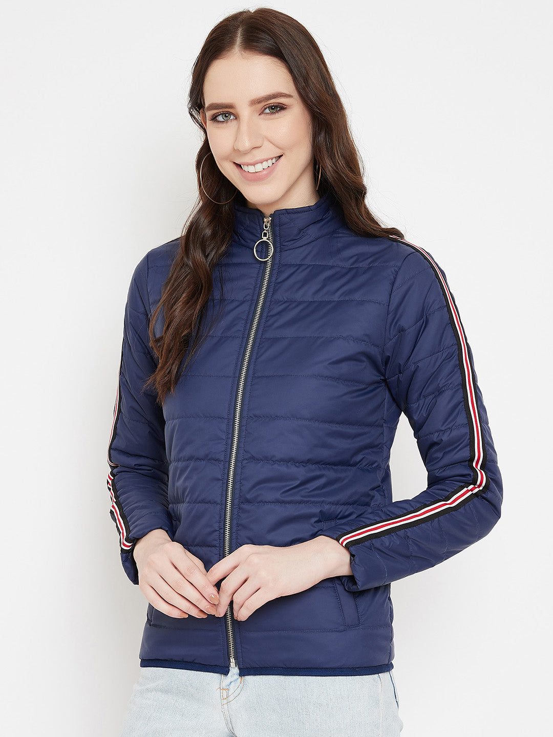 Austin Wood Women's Navy Blue Solid Full Sleeves High Neck Padded Jacket With Size Tape