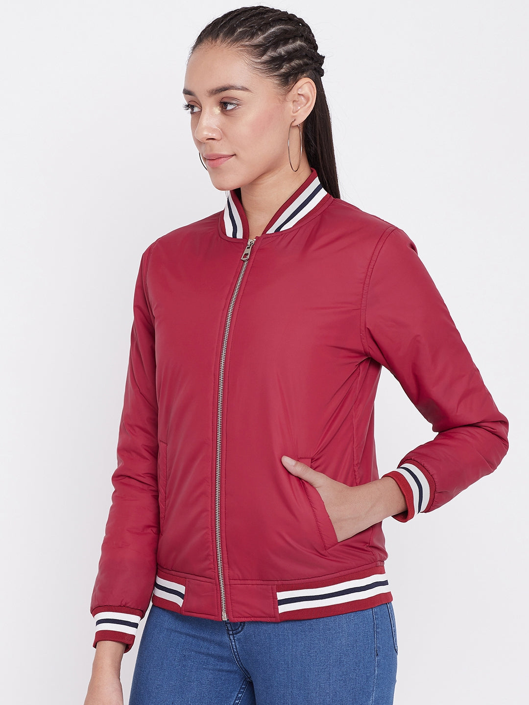 Austin Wood Women's Red Solid Bomber Neck Zipper Jacket