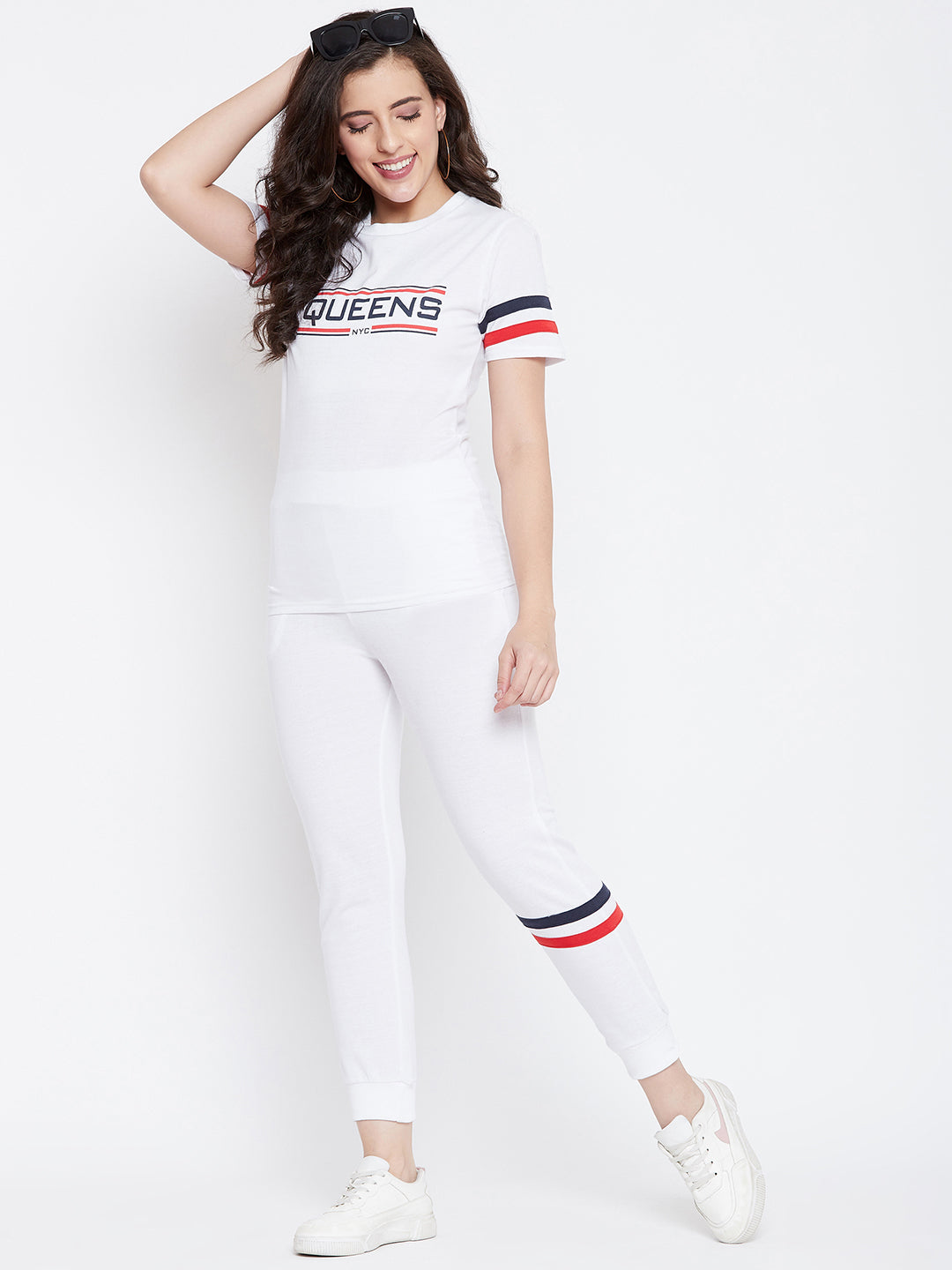 Austin Wood Women's White Solid Half Sleeves Track Suit With Chest Print