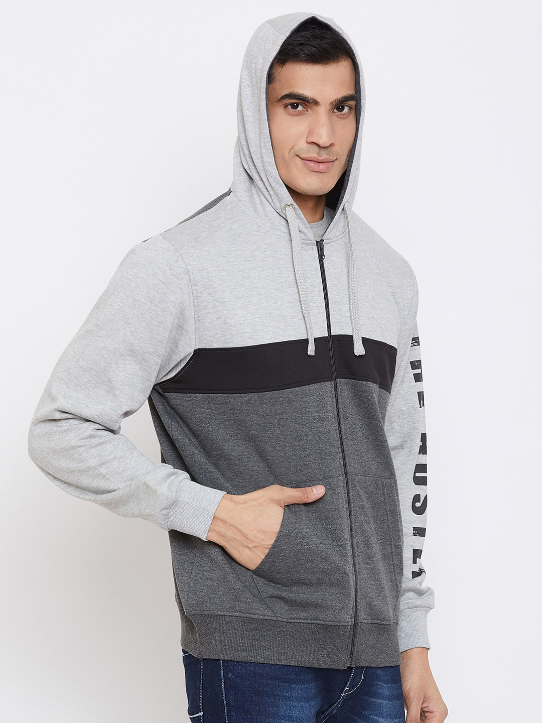 Austin Wood Men's Charcoal Full Sleeves Colorblocked Hooded Sweatshirt