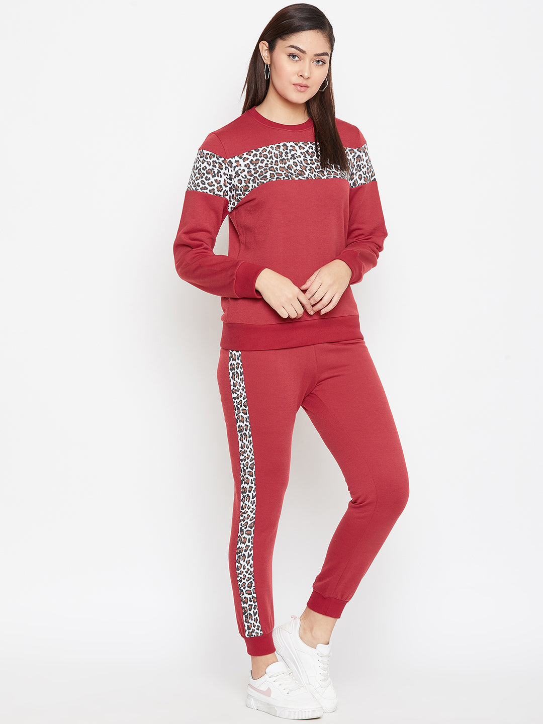 Austin Wood Women'sRed Full Sleeves Colorblocked Round Neck Tracksuit